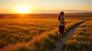 Serene prairie landscape at golden hour with healthy woman jogging along natural trail, wildflowers blooming, warm sunlight, peaceful countryside setting, lifestyle wellness photography