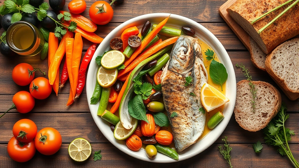 Overhead shot of colorful Mediterranean meal spread: olive oil, fresh vegetables, grilled fish, whole grain bread, fresh herbs on rustic wooden table, natural lighting, wellness nutrition