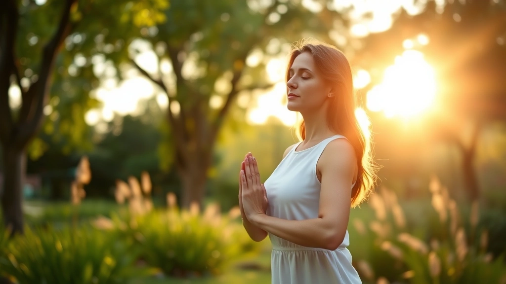 Serene woman in meditation pose at sunrise in peaceful garden, soft golden light streaming through trees, tranquil expression, hands in prayer position