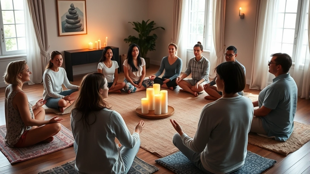 Diverse group of people sitting in circle during group meditation session, candlelit room, peaceful expressions, natural light from windows creating calm atmosphere