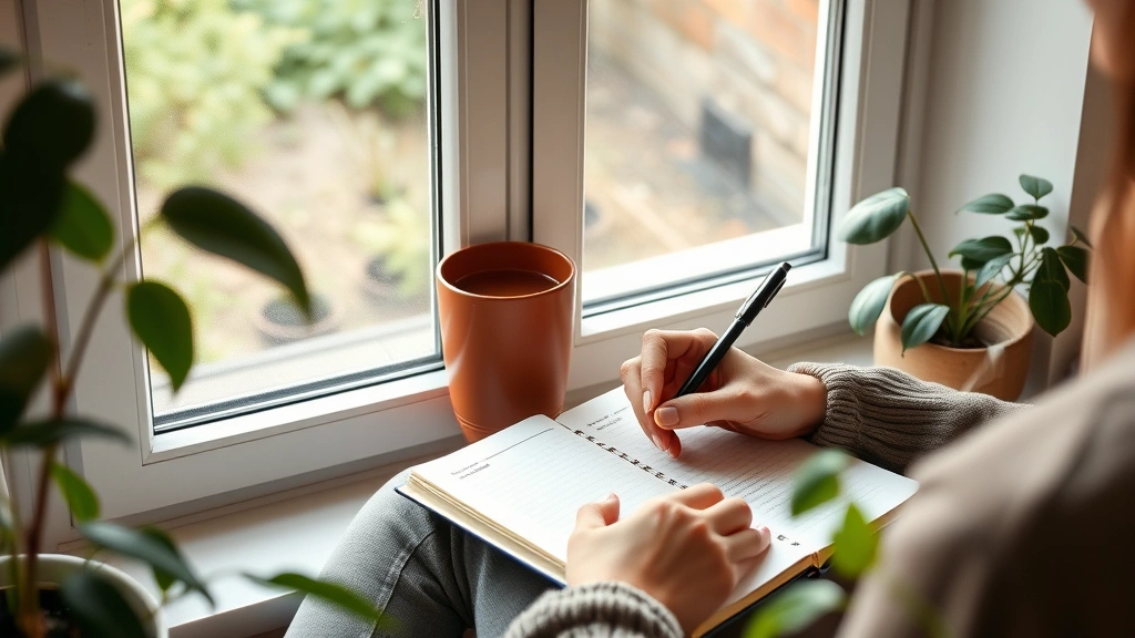 Person journaling by window with tea cup, morning light, peaceful home setting, hand writing affirmations, plant-filled space suggesting wellness and growth
