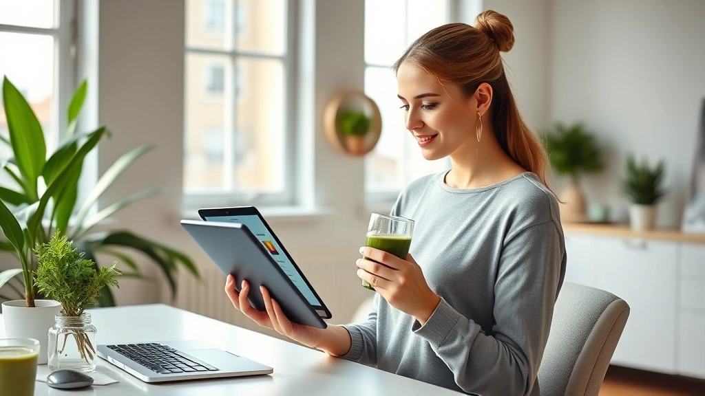 Professional woman in modern home office reviewing health tracking app on tablet while holding green smoothie, natural morning light streaming through windows, minimalist wellness setup
