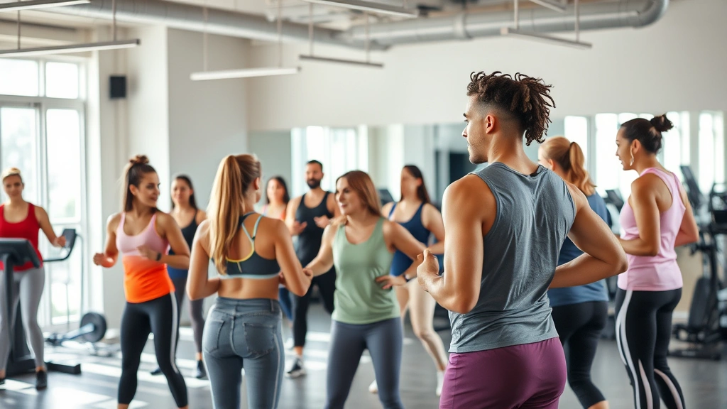 Diverse group of people in contemporary gym environment participating in group fitness class, focusing on engagement and community support, bright energetic atmosphere with modern equipment