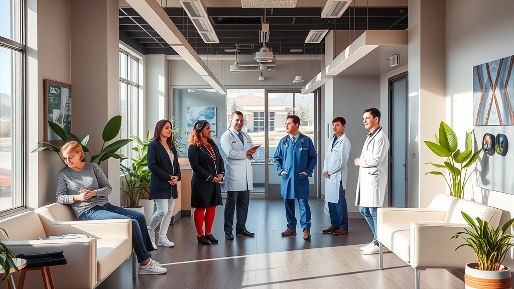 Modern medical clinic interior in Boise with warm lighting, comfortable waiting area, diverse healthcare professionals in contemporary attire, plants, natural windows showing Idaho scenery, welcoming atmosphere