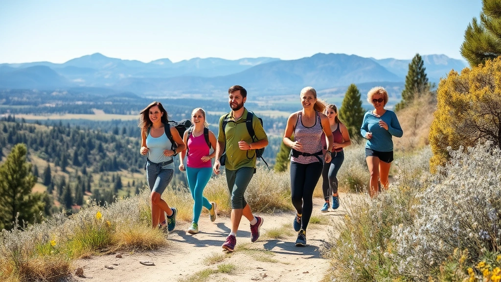 Active Boise residents hiking on scenic trail with mountains in background, diverse group enjoying outdoor wellness, fitness, health-conscious lifestyle, natural landscape, sunny day