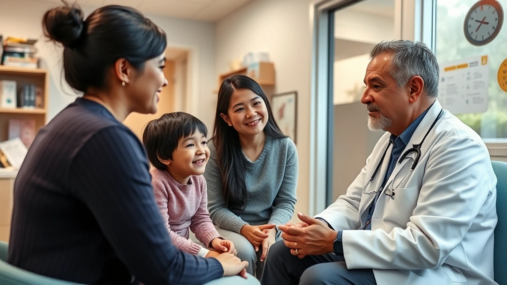 Family primary care visit scene, doctor consulting with patients in contemporary medical office, thoughtful discussion, health education materials visible, trust and collaboration evident, professional healthcare setting