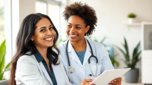 A professional woman in her 40s consulting with a diverse healthcare provider in a modern, bright medical office with plants and natural light, both smiling warmly