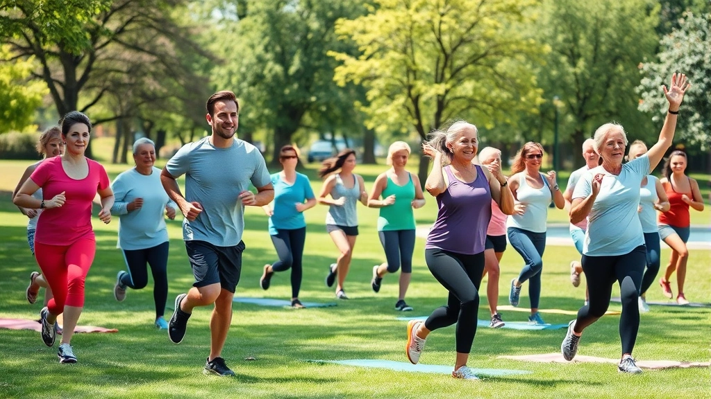 A diverse group of people of various ages exercising outdoors in a sunny park—jogging, stretching, and practicing yoga on grass with trees in background