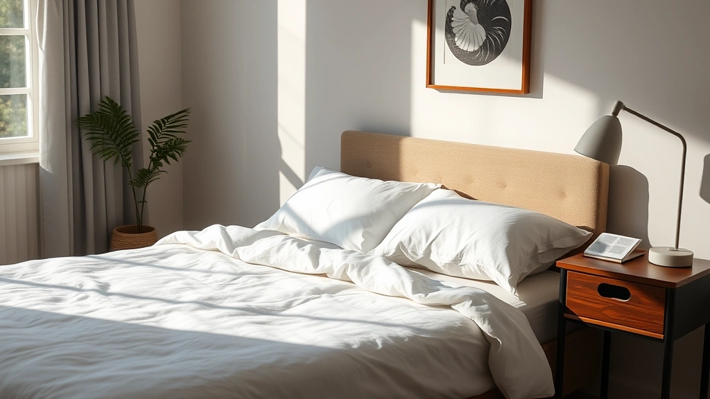 A peaceful bedroom scene with natural morning light, neatly made bed with quality linens, a book on nightstand, and calming minimalist decor promoting restful sleep
