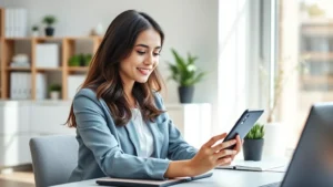 Young professional woman using smartphone healthcare app at modern home office desk, natural sunlight, relaxed confident expression, minimalist workspace background