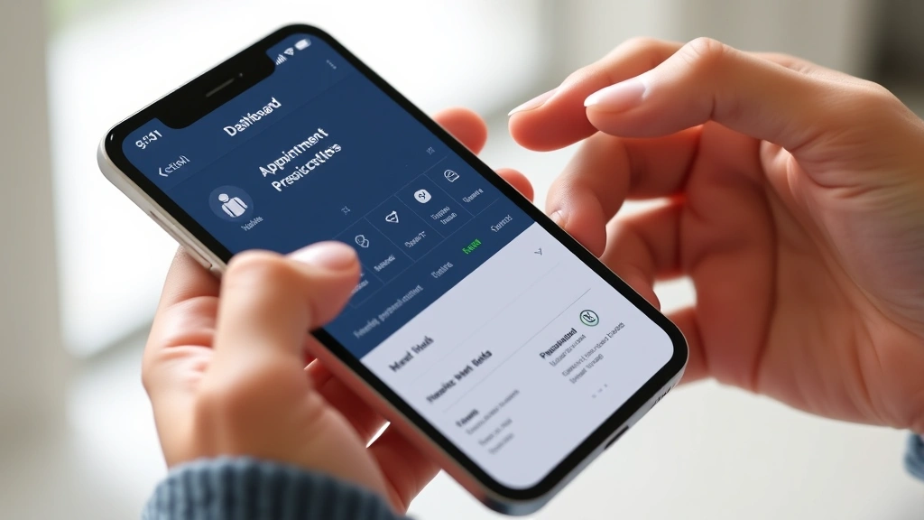 Close-up of hands holding smartphone displaying healthcare dashboard with appointment calendar, prescription refills, and insurance benefits clearly visible on screen
