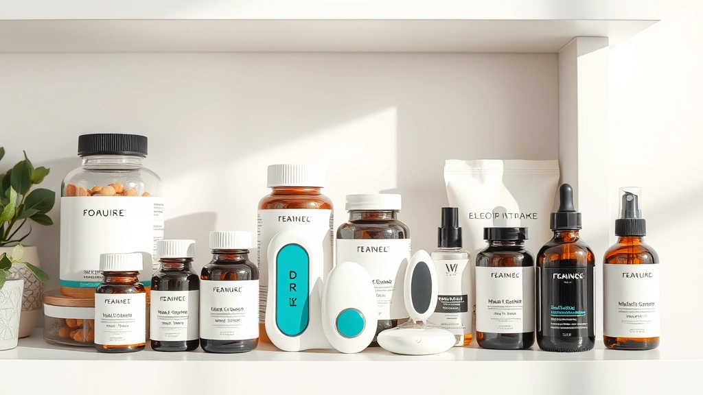 Organized collection of premium supplement bottles, medical-grade diagnostic devices, and skincare products arranged on minimalist white shelf with soft natural lighting, professional wellness aesthetic, lifestyle photography