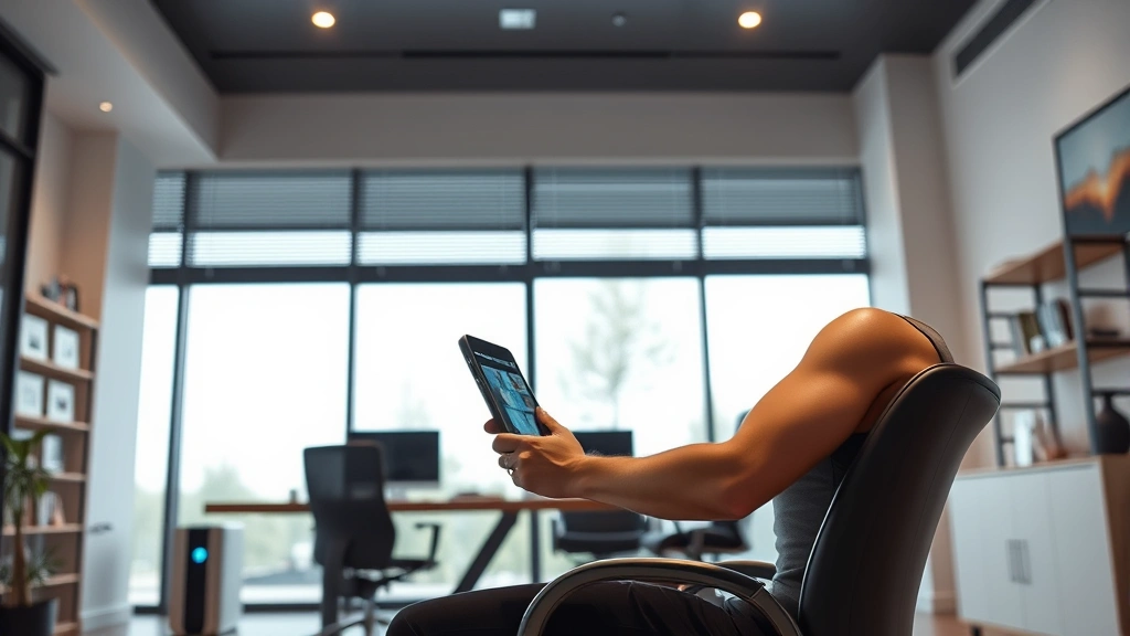 Modern home office with person using clinical-grade fitness recovery device, compression therapy equipment visible, wellness technology integration, contemporary interior design, aspirational health-focused lifestyle