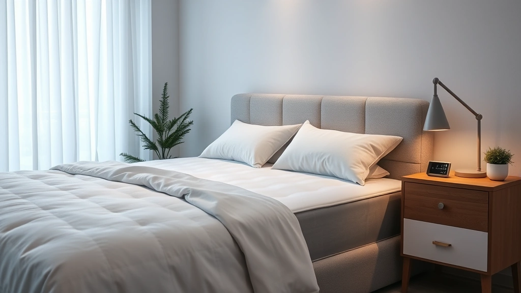 Serene bedroom featuring professional-grade mattress, premium bedding, sleep tracking device on nightstand, soft ambient lighting creating optimal sleep environment, peaceful wellness sanctuary aesthetic