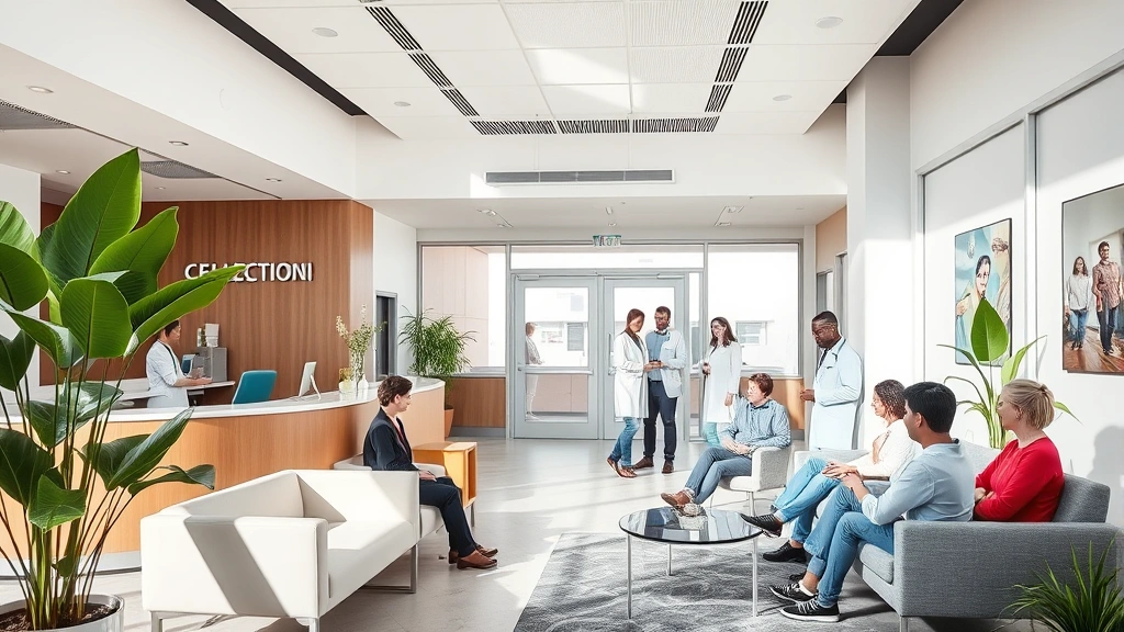 Modern healthcare clinic interior with welcoming reception area, natural lighting, comfortable seating, diverse patients and professional staff interacting warmly, clean contemporary design with wellness plants
