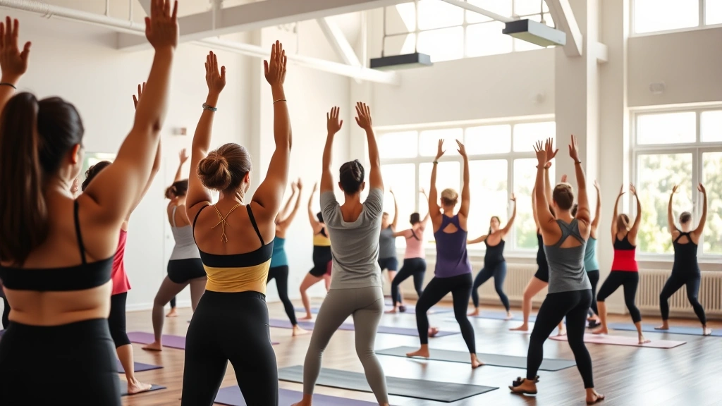 Diverse group of people in fitness class doing yoga poses in bright studio, instructor guiding, natural light streaming through windows, healthy and energetic atmosphere, modern wellness facility