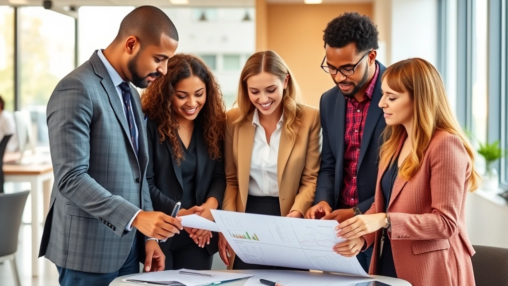 Professional diverse public health team in modern office setting collaborating on health data analysis, wearing business casual attire, bright natural lighting, inclusive workplace environment, contemporary healthcare workspace