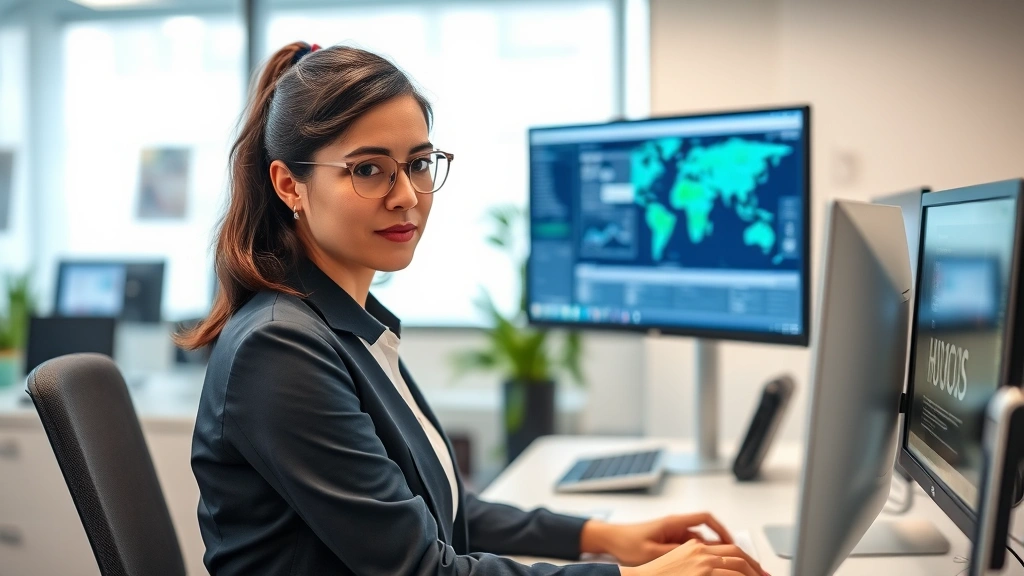 Confident epidemiologist woman reviewing disease surveillance data on computer screen in government health department office, serious focused expression, professional setting, modern technology, collaborative workspace visible