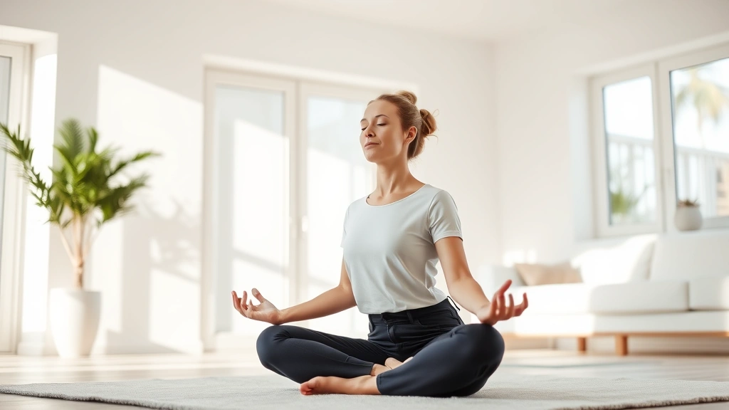 Serene woman meditating in bright, minimalist living room with soft natural light streaming through large windows, peaceful expression, comfortable seated position, modern wellness aesthetic