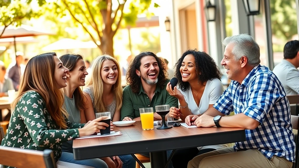 Diverse group of friends laughing together at outdoor cafe table, warm afternoon sunlight, genuine connection and joy, casual comfortable clothing, vibrant social wellness moment