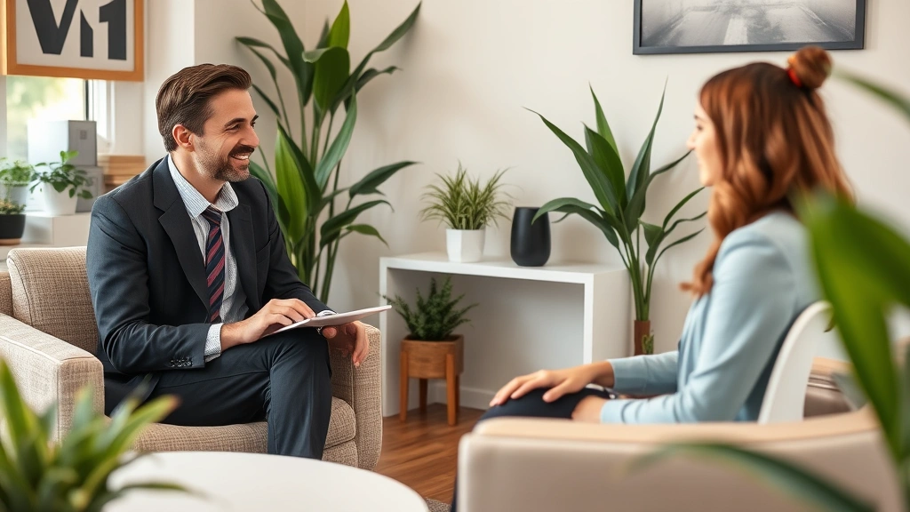 Professional therapist and client in warm office setting with comfortable seating, plants, soft lighting, engaged conversation, trust and support evident, quality behavioral health session