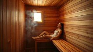 Serene home wellness sanctuary with wooden infrared sauna interior, warm amber glow from ceramic heaters, minimalist aesthetic, person relaxing on wooden bench, steam wisping gently, peaceful expression, natural lighting through small window, professional lifestyle photography