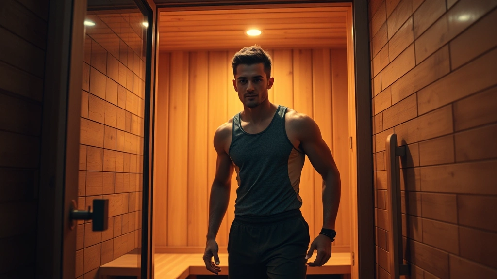Athletic recovery scene: fit individual post-workout entering modern home sauna, athletic wear, focused expression, warm inviting interior, infrared panels glowing softly, wooden construction, clean contemporary design, wellness-focused atmosphere, aspirational lifestyle imagery