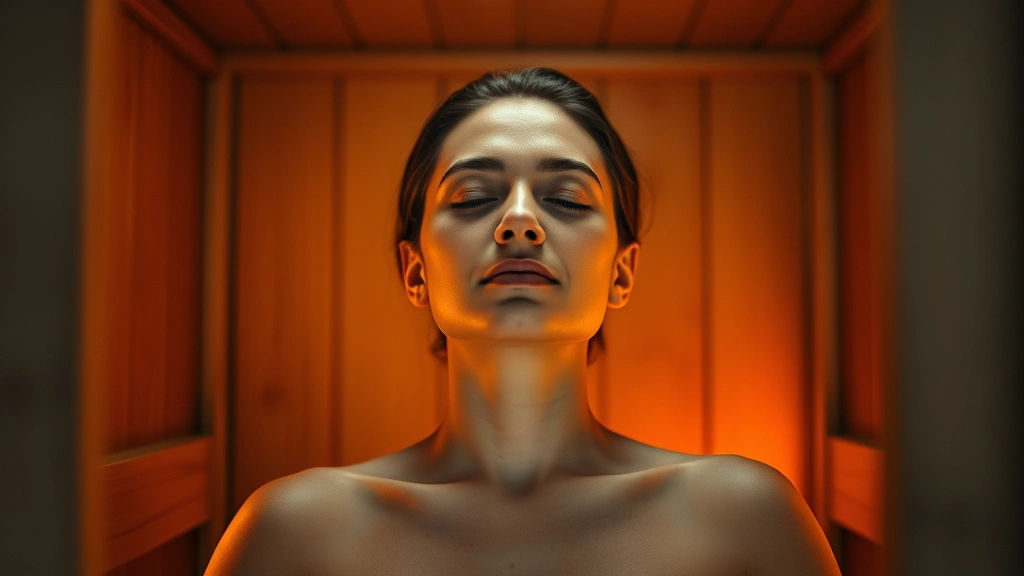 Mental wellness moment: person meditating peacefully inside radiant sauna, eyes closed, serene expression, warm infrared glow illuminating calm features, wooden interior, therapeutic ambiance, stress-relief visualization, wellness sanctuary setting, professional lifestyle photography