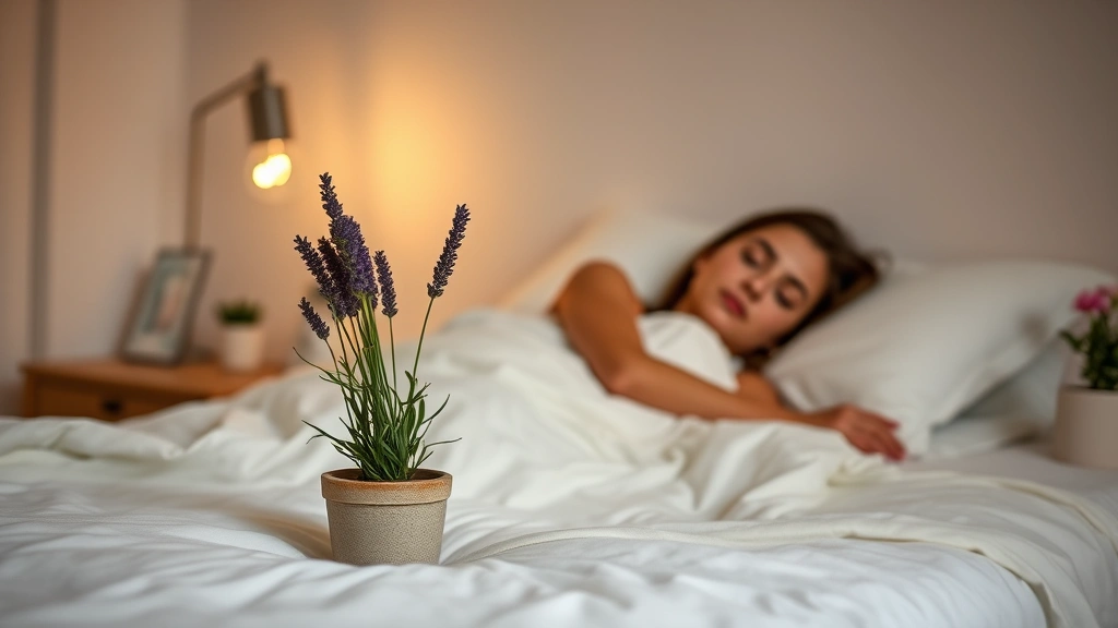 Serene bedroom with soft warm lighting, comfortable white bedding, potted lavender plant on nightstand, peaceful sleeping woman in background, minimalist decor, calm atmosphere