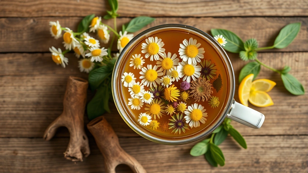 Overhead shot of herbal tea cup with chamomile flowers, fresh valerian root, passionflower, and lemon balm arranged artfully on wooden surface, soft natural lighting