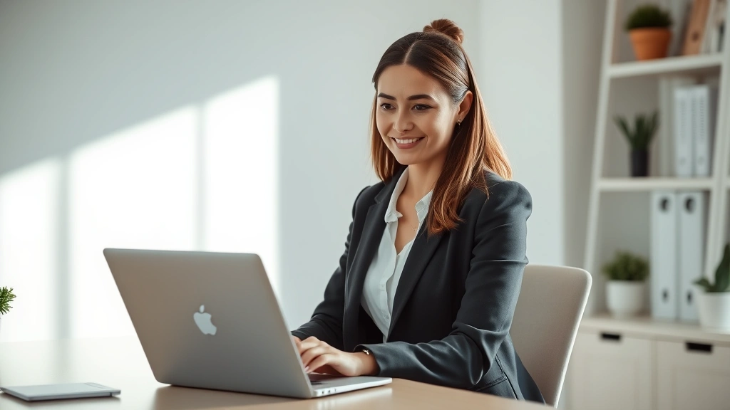 Professional woman in home office with soft lighting, sitting at desk with laptop, video call in progress, neutral background, modern minimalist workspace, warm neutral tones, natural daylight, professional appearance