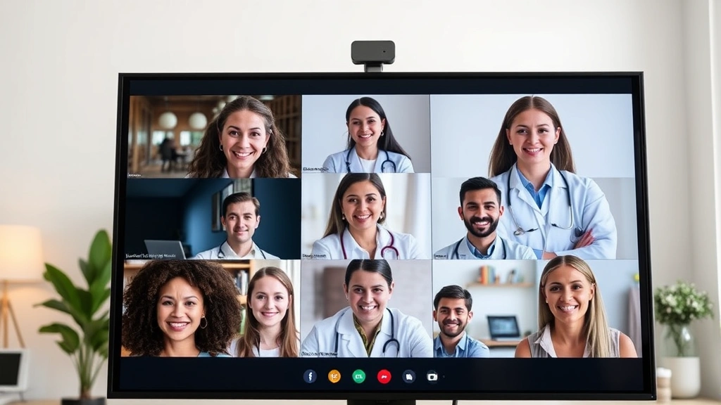 Diverse group of healthcare professionals on video conference call, multiple faces on screen, modern interface, engaged expressions, professional home office settings visible, collaborative energy, contemporary technology setup