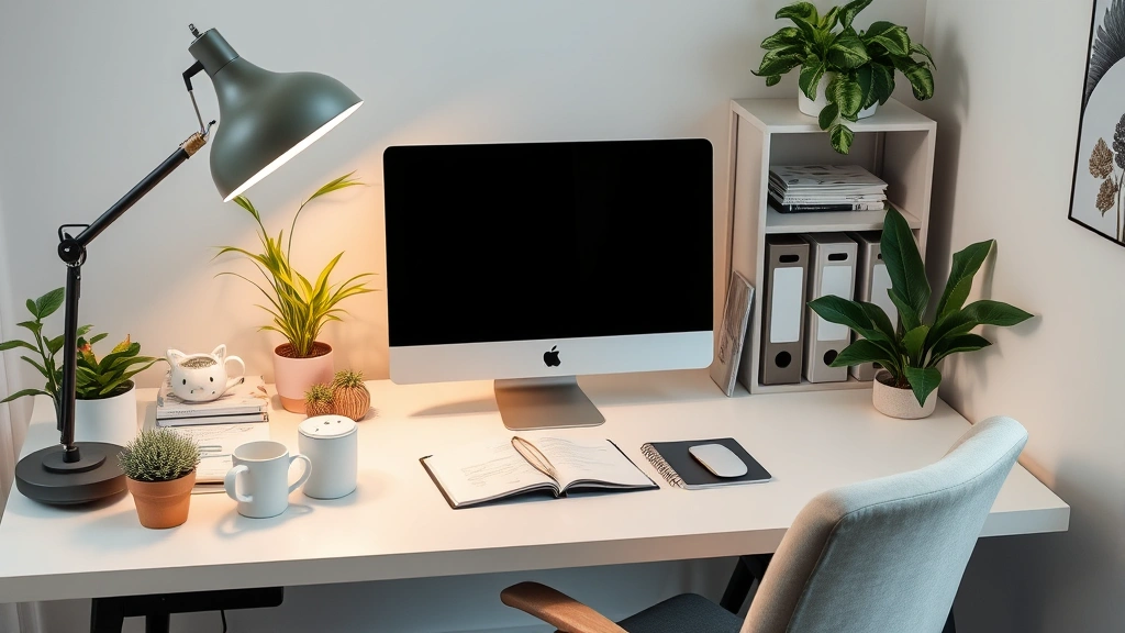 Organized home office desk with computer, notebook, coffee cup, plants, professional lighting, calm neutral decor, comfortable chair, organized filing system visible, wellness elements, peaceful productive environment