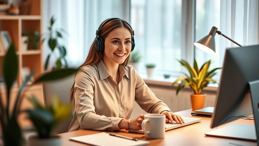 Professional woman with headphones sitting at home desk with plants, warm lighting, engaged expression during video call, natural workspace with coffee cup, peaceful home office environment