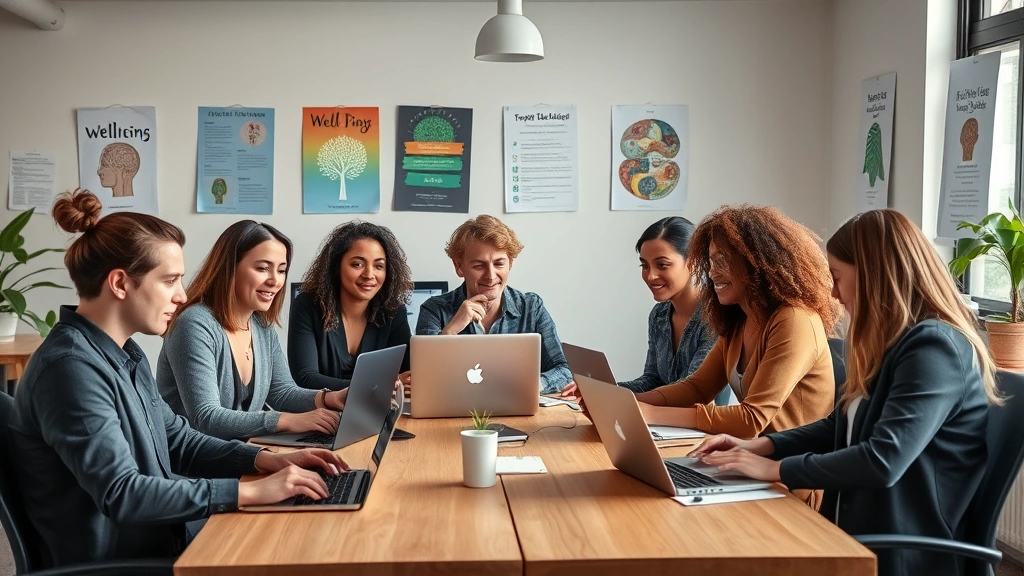Diverse group of mental health professionals in modern office space working on laptops, collaborative atmosphere, wellness posters on walls, natural daylight, professional but relaxed setting