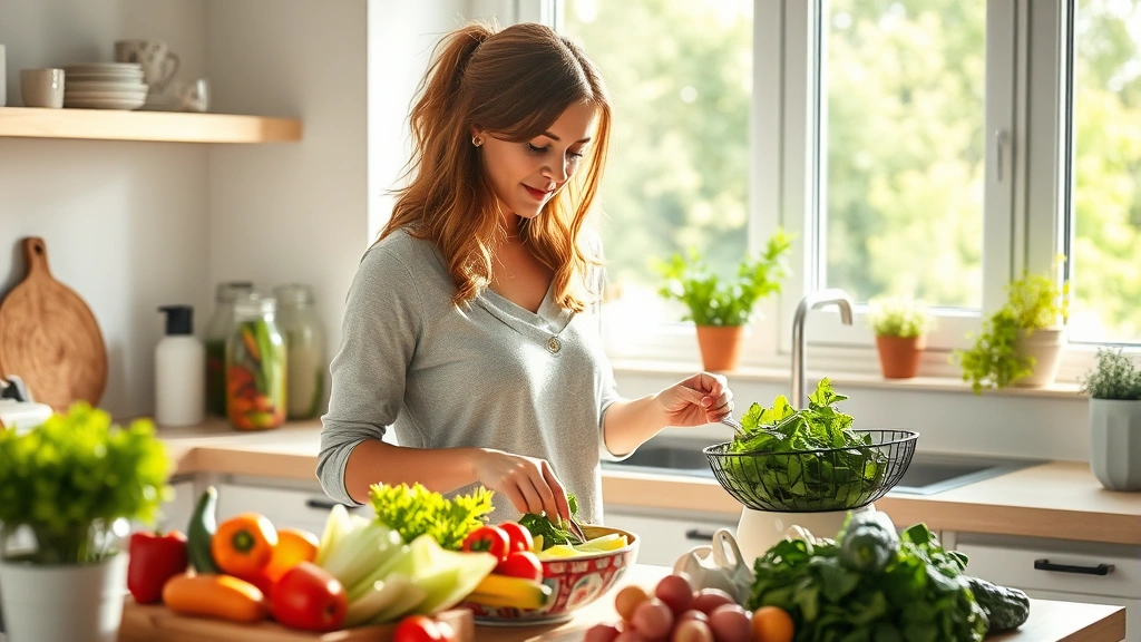 Woman in bright kitchen preparing colorful salad with fresh vegetables, natural sunlight streaming through window, peaceful morning atmosphere, healthy lifestyle