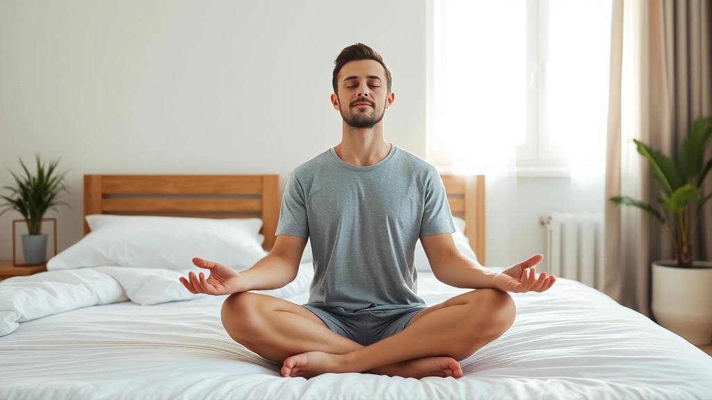 Adult meditating peacefully in minimalist bedroom, soft natural light, calm expression, restorative wellness environment, morning meditation practice