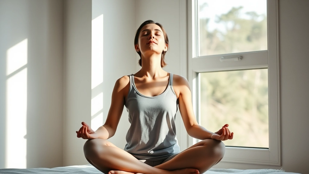 Peaceful woman sitting cross-legged in bright window, eyes closed in meditation, sunlight streaming across face, minimalist bedroom background, serene mental health practice