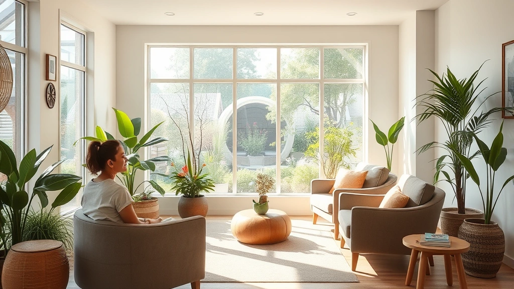 Serene wellness space with comfortable seating, natural light streaming through windows, calming earth-tone decor, peaceful indoor garden setting, person looking relaxed and hopeful
