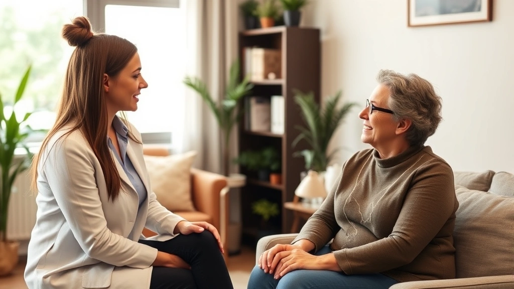 Professional therapist and client in supportive counseling session, warm office environment with comfortable furniture, genuine connection and trust visible, diverse representation, safe therapeutic space