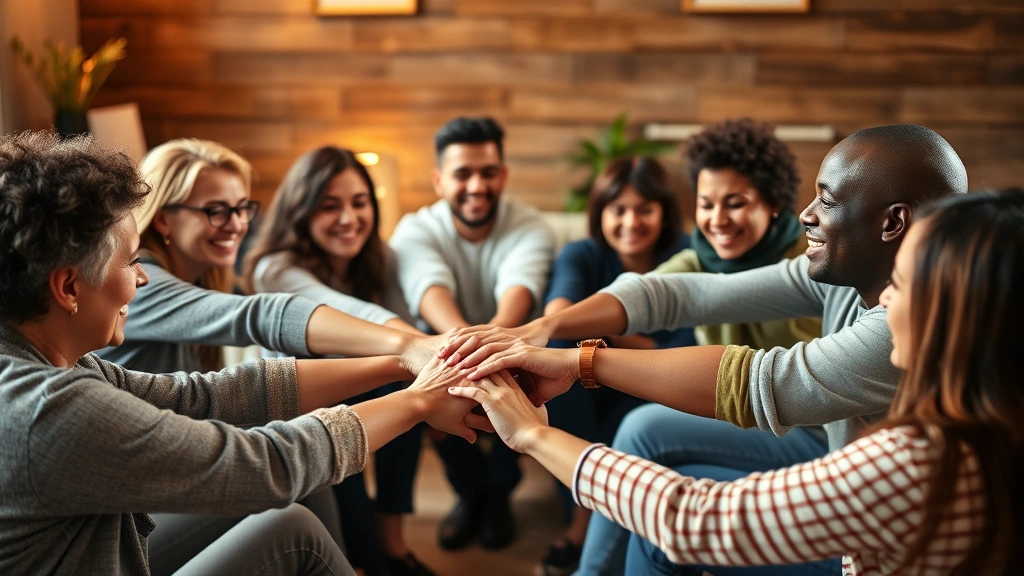 Support group circle of diverse individuals connecting meaningfully, warm lighting, comfortable seating arrangement, hands together symbolizing unity, hopeful and inclusive community atmosphere