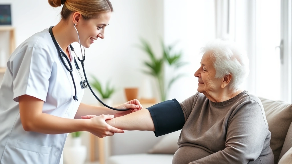 Registered nurse with stethoscope checking blood pressure of elderly female patient in bright, comfortable home living room with natural window light, warm and caring interaction