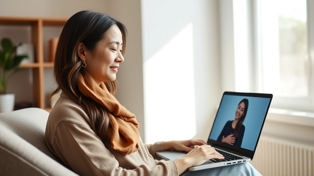 A serene woman in her home office during a video therapy session, natural lighting from window, comfortable chair, laptop screen showing therapist, peaceful expression, modern minimalist background