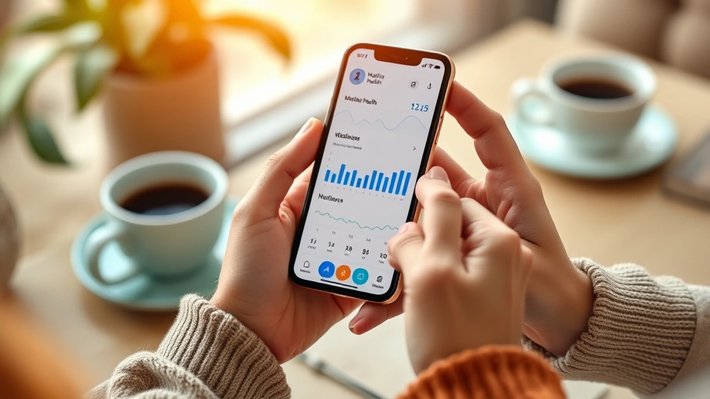Close-up of diverse hands holding smartphone displaying mental health app dashboard with wellness metrics, warm natural lighting, coffee cup nearby, cozy home environment