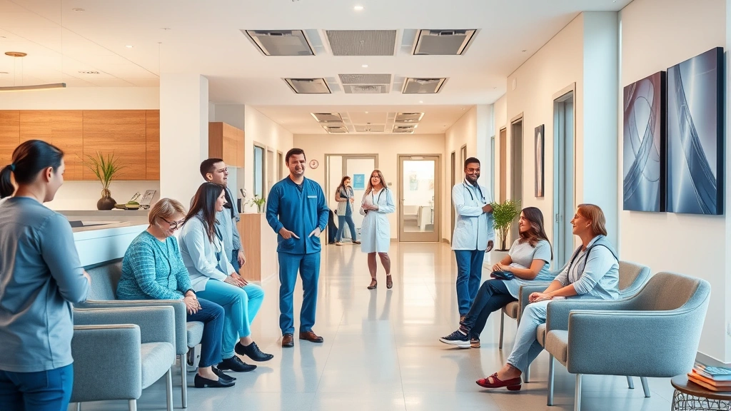 Modern healthcare facility interior with welcoming reception area, diverse patients and healthcare staff interacting warmly, natural lighting, contemporary medical office design, comfortable seating areas, wellness-focused environment