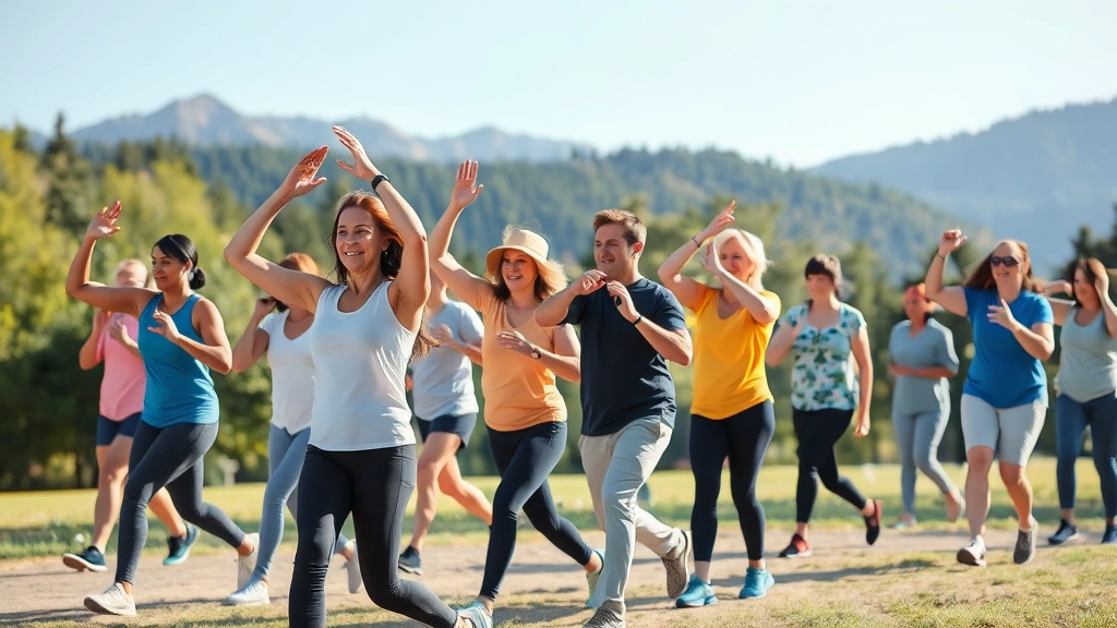 Active community members of various ages exercising outdoors in beautiful natural setting, group fitness class in park, people walking and stretching, mountains and trees in background, healthy lifestyle and wellness in action