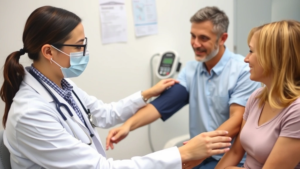 Healthcare professional conducting preventive screening with patient, blood pressure check, health assessment, caring doctor-patient interaction, clinical but warm environment, trust and professional care visible