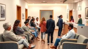 Diverse patients in welcoming medical waiting room with warm lighting, comfortable seating, and diverse staff members greeting people at reception desk, representing inclusive healthcare access