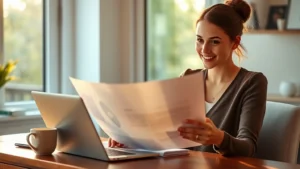 Young professional woman reviewing health insurance documents at home on laptop, warm morning light streaming through window, coffee cup on desk, relaxed confident expression