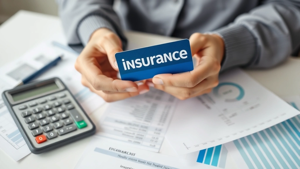 Close-up of hands holding insurance card and medical bills, organized financial planning documents, calculator visible, neutral background emphasizing healthcare cost management